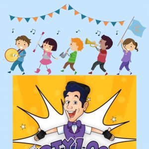 Kids in a marching band, cartoon character with bow tie