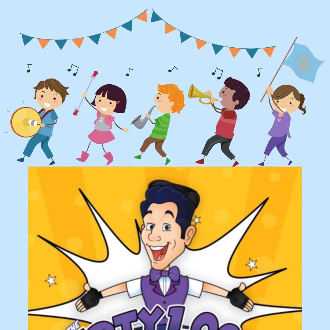 Kids in a marching band, cartoon character with bow tie